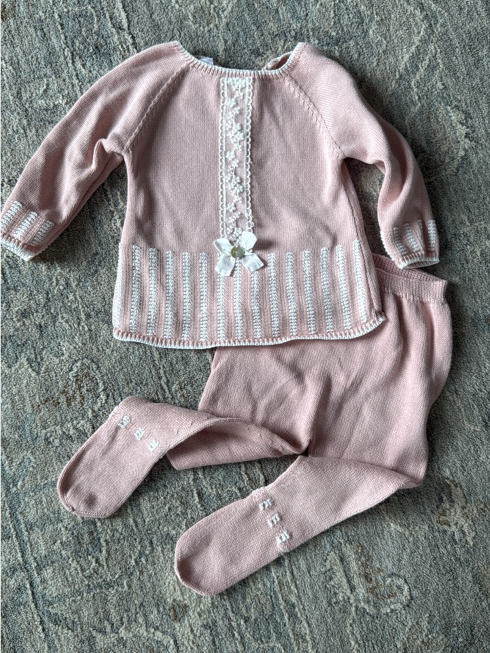 Soft Pink Knit Baby Matching Set with Lace Trim
